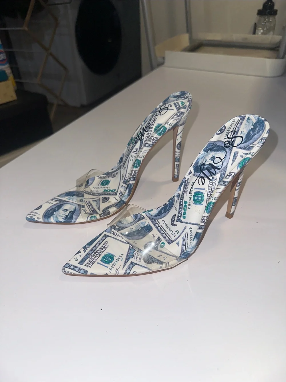 So Me Money Print Pointed Toe High Heel Slide - White/Green